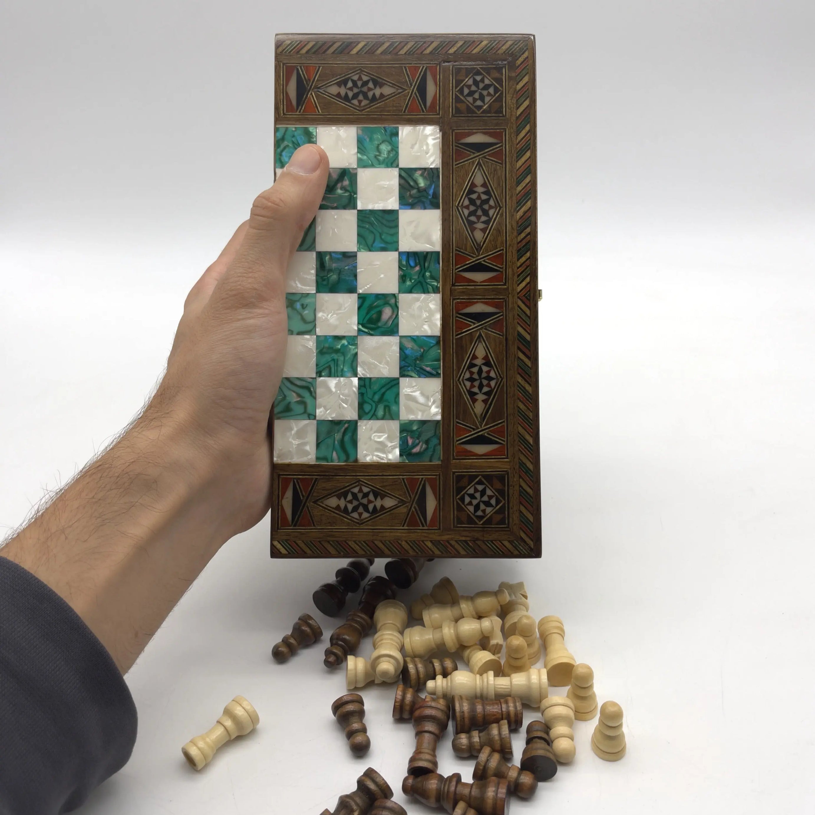 Mini Handmade Wooden Travel Backgammon Set and Wooden Travel Chess Set