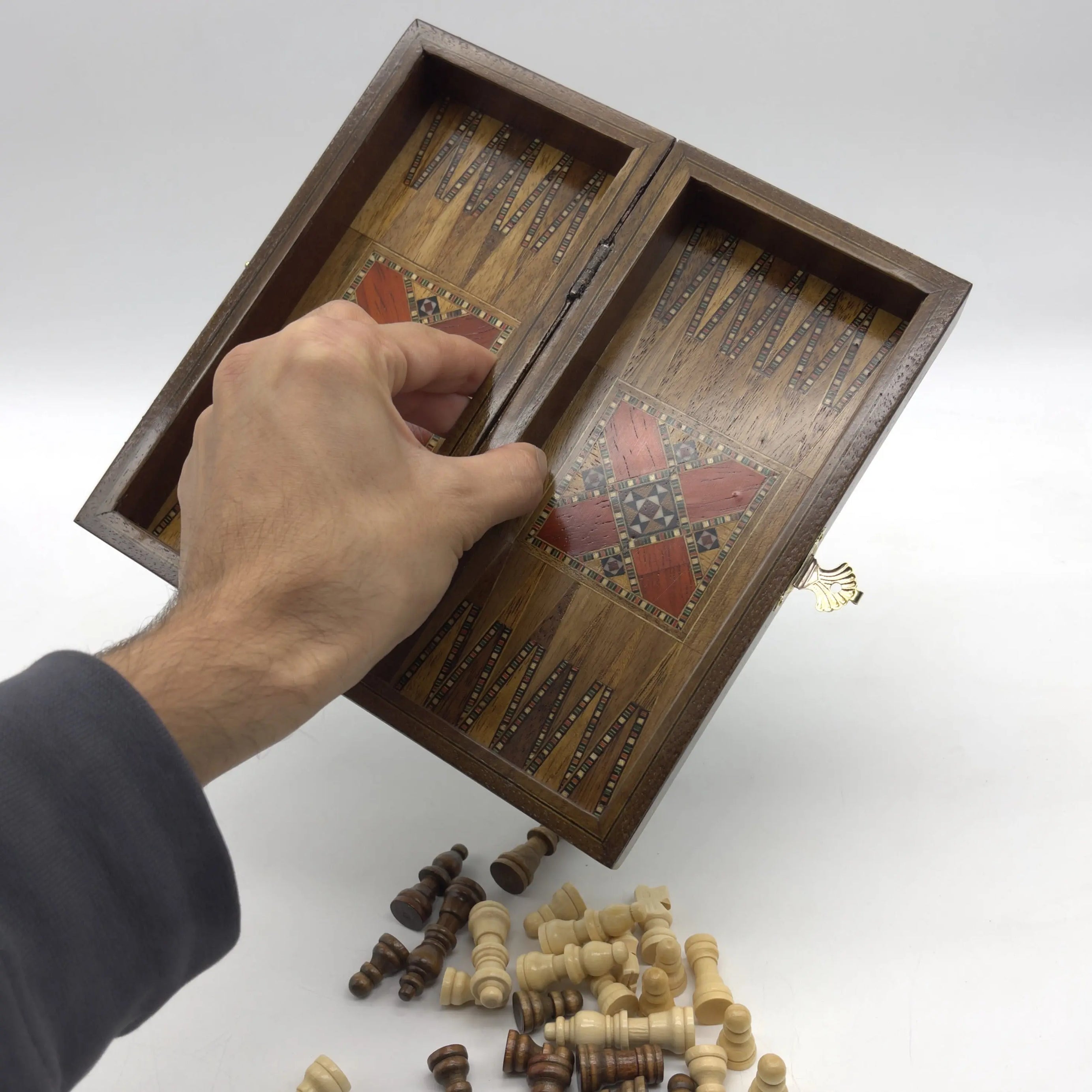 Mini Handmade Wooden Travel Backgammon Set and Wooden Travel Chess Set