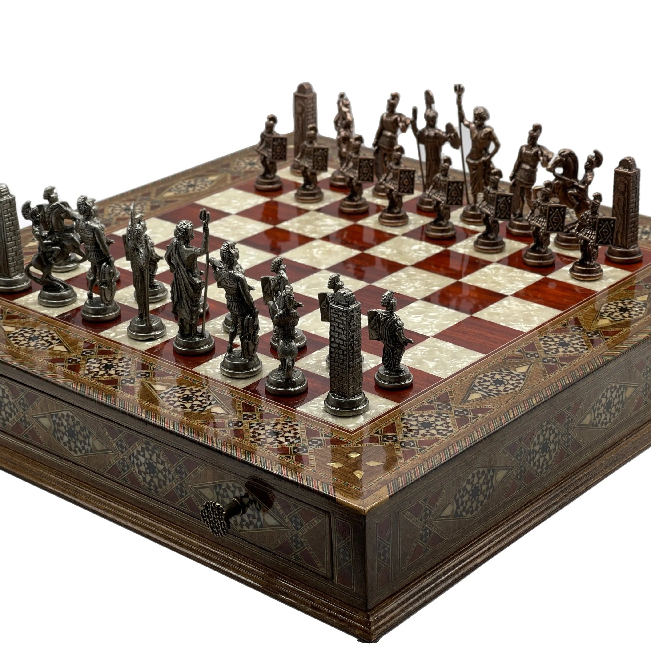 Large Wooden Luxury Handcrafted Rosewood Chess Set with Greek Metal Chess Pieces