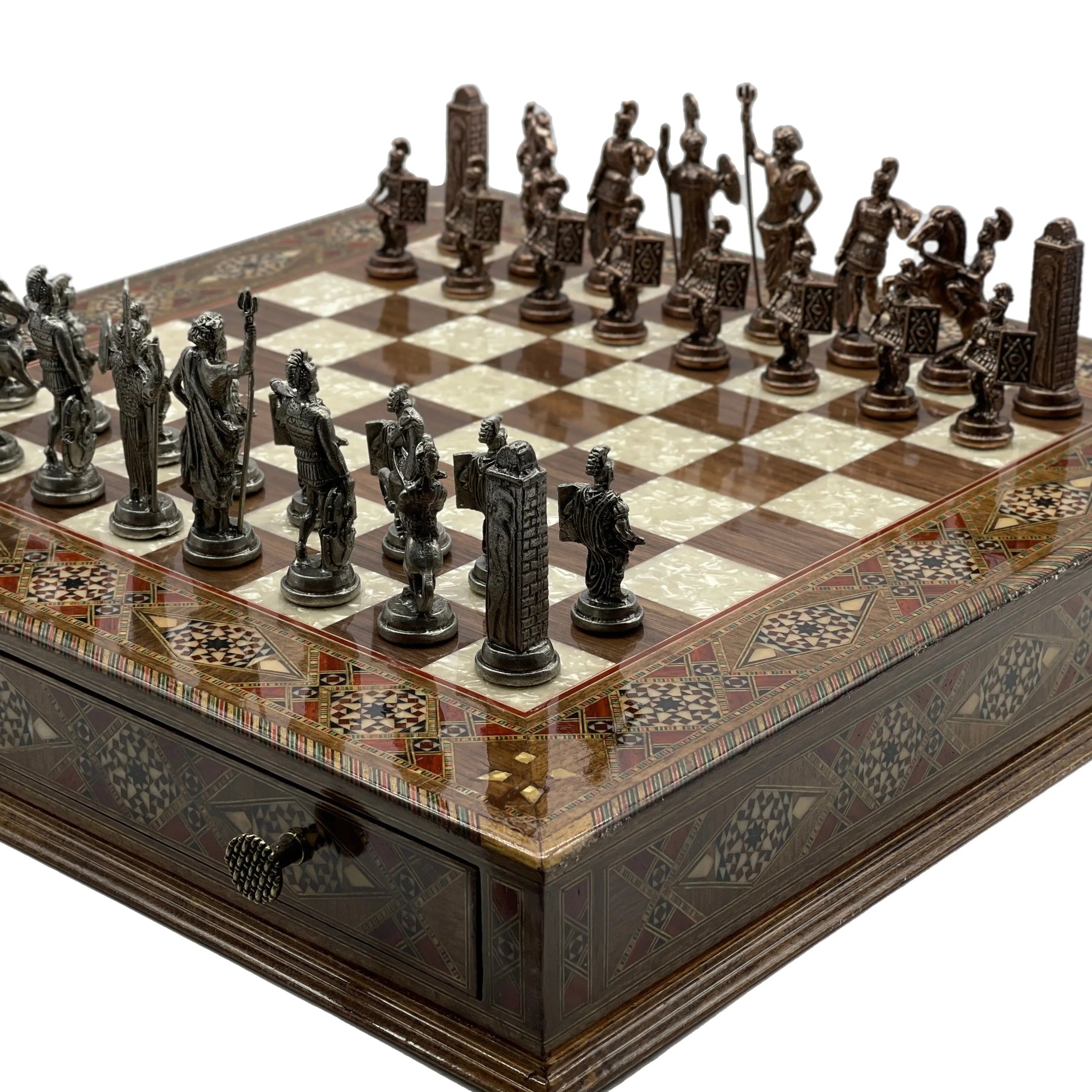 19" Oversized Walnut Chess Board with Metal Chess Pieces Set